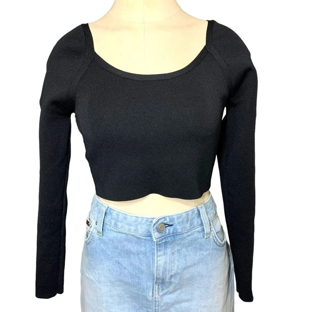 ZARA Neutral Black Knit Cropped Long Sleeve Top Streetwear Round Square Neck S - Picture 2 of 13